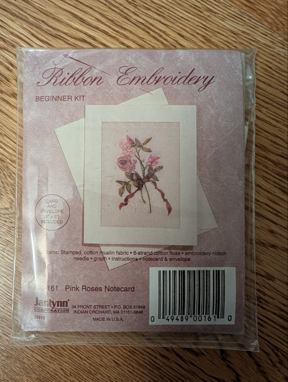 Janlynn RIBBON Embroidery FLORAL NOTECARD  Beginner Kit 161 Pink Roses Craft